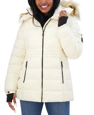 Steve Madden Juniors' Faux-Fur-Trim Hooded Puffer Coat, Created for Macy's