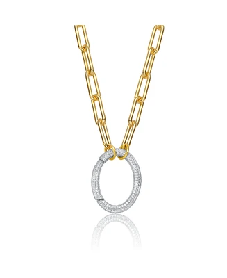 Genevive Rectangle-shaped 14k Gold-plated Chain With Round-brilliant stones Pendant Cubic Zirconia In Sterling Silver.