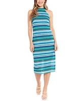 London Times Women's Striped Crochet Mock-Neck Dress