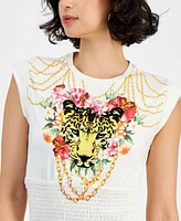 Guess Women's Leopard-Chain Smocked T-Shirt