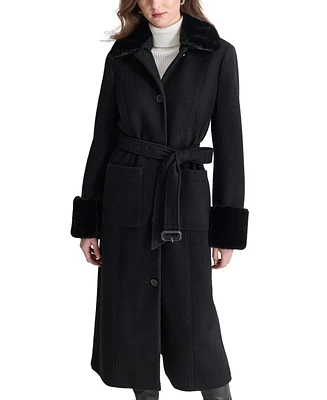 Dkny Women's Faux-Fur-Trim Single-Breasted Belted Coat