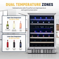 Newair 24 inch 46 Bottle Wine Cooler Refrigerator, Built-in Recessed Kickplate, Dual Zone Wine Fridge in Stainless Steel