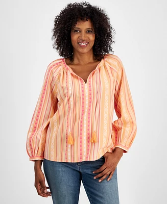Style & Co Women's Jacquard Striped Peasant Blouse, Created for Macy's