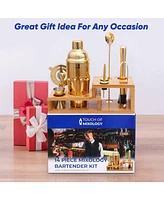 Touch of Mixology Premium 14 Piece Stainless Steel Bartender Kit with Bamboo Stand (Gold)