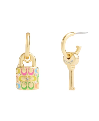 Coach Faux Stone Signature Rainbow Quilted Lock Key Charm Huggies