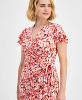 Anne Klein Petite Printed Flutter-Sleeve Faux-Wrap Dress