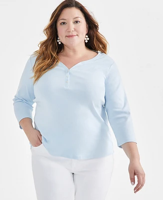 Style & Co Plus 3/4-Sleeve Cotton Henley Top, Created for Macy's