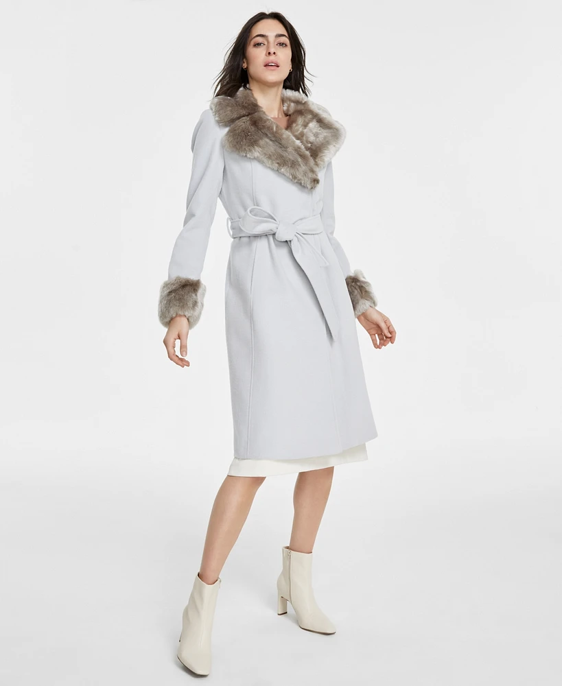 Via Spiga Women's Faux-Fur-Trim Belted Wrap Coat