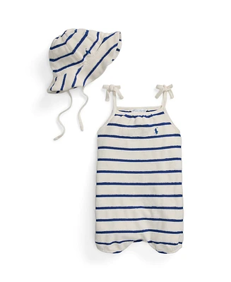 Polo Ralph Lauren Baby Girls Striped Terry Bubble Shortall and Hat Set