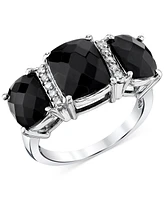 Onyx Cushion-Cut Trio & Diamond (1/10 ct. t.w.) Statement Ring in Sterling Silver