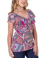 24seven Comfort Apparel Cap Sleeve Print Ruffle V Neck Top