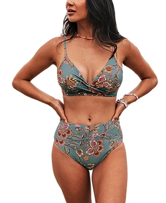 Cupshe Women's Floral Wrapped Bikini Top & High-Rise Bottoms Set
