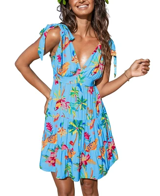 Cupshe Women's Parrot and Palm Bright Tropical Mini Beach Dress