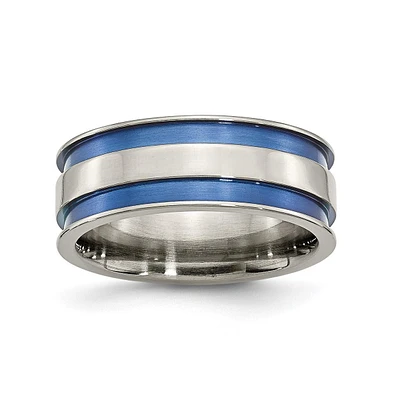 Chisel Titanium Polished Blue Anodized 8.5mm Double Grooved Band Ring