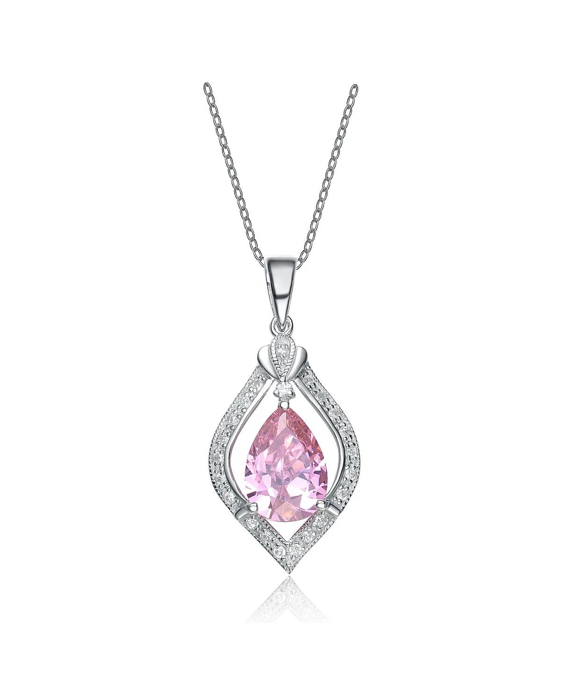 Genevive Sterling Silver White Gold Plated with Pink Teardrop and White Cubic Zirconia Pendant