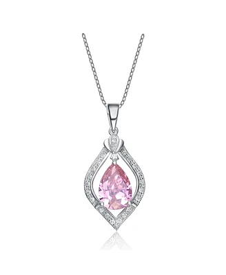 Genevive Sterling Silver White Gold Plated with Pink Teardrop and White Cubic Zirconia Pendant
