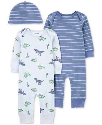 Carter's Baby Boys Blue Dino 3-Piece Jumpsuit and Hat Set