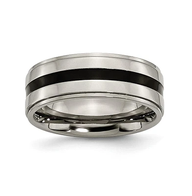 Chisel Titanium Polished Black Enamel Ridged Edge Wedding Band Ring