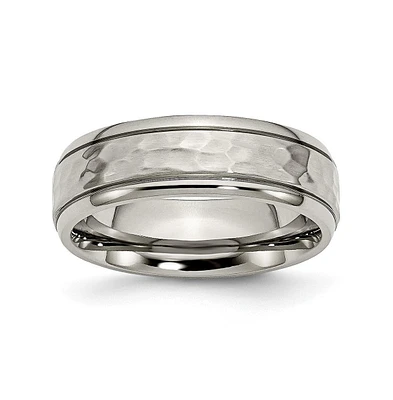 Chisel Titanium Polished and Hammered Grooved Edge Wedding Band Ring