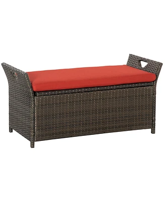 Outsunny 27 Gallon Pe Rattan Wicker Storage Bench, Large Outdoor Patio Box, Red