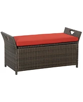 Outsunny 27 Gallon Pe Rattan Wicker Storage Bench, Large Outdoor Patio Box, Red