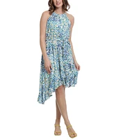 London Times Petite Printed Asymmetrical-Flounce-Hem Dress