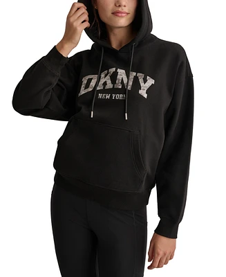 Dkny Sport Women's Varsity Camo Sparkle Logo Fleece Hooded Sweatshirt