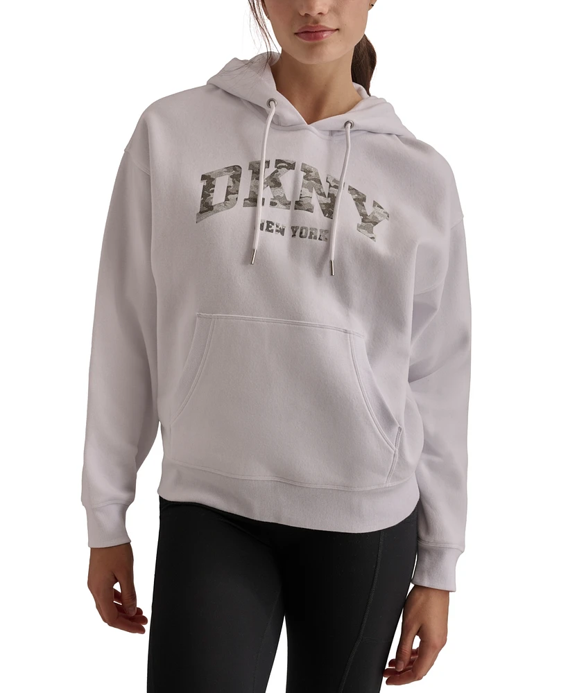 Dkny Sport Women's Varsity Camo Sparkle Logo Fleece Hooded Sweatshirt