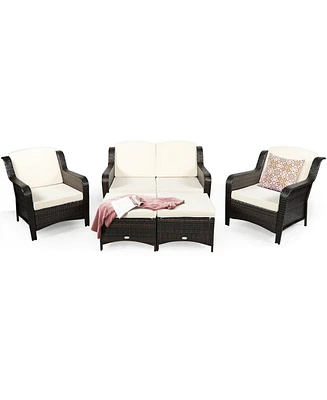 Sugift 5 Pieces Patio Rattan Sofa Set with Cushion and Ottoman