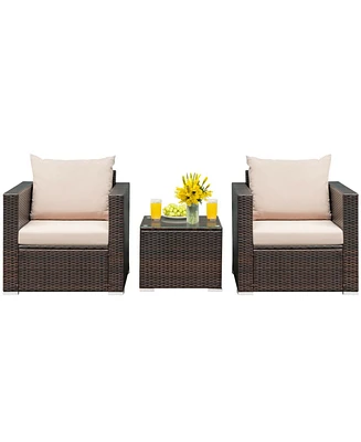 Sugift 3 Pieces Patio Conversation Rattan Furniture Set with Cushion