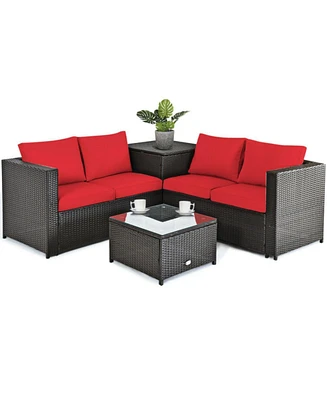 Sugift 4 Pieces Outdoor Patio Rattan Furniture Set with Loveseat and Storage Box