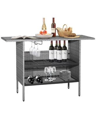 Sugift Outdoor Patio Wicker Bar Table with Metal Shelves