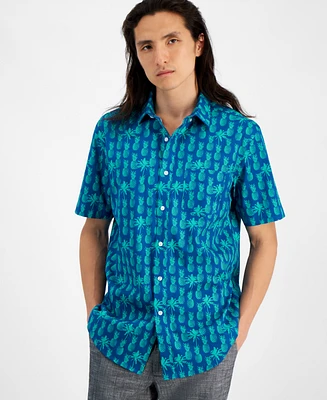 Club Room Men's Pineapple Shade Regular-Fit Stretch Tropical-Print Button-Down Poplin Shirt, Created for Macy's