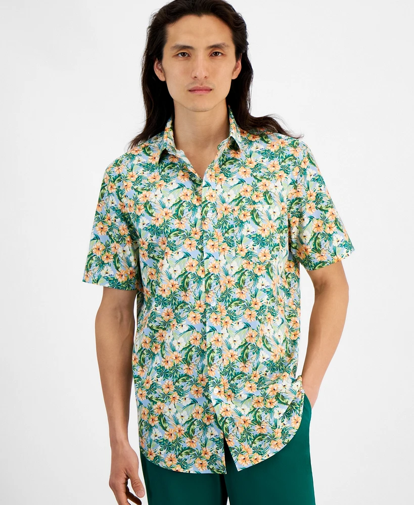 Club Room Men's Libra Regular-Fit Stretch Floral Button-Down Poplin Shirt, Created for Macy's