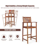 Sugift 2 Pieces Outdoor Acacia Wood Bar Chairs with Sunflower Backrest and Armrests