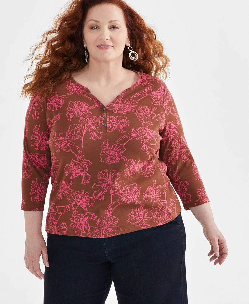 Style & Co Plus Printed Cotton Henley Top, Created for Macy's