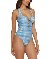 Becca Women's Washed Away Corset Lace-Up One-Piece Swimsuit