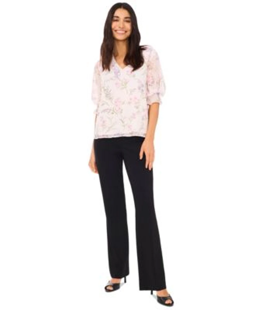 Cece Womens Swiss Dot Floral Print Blouse Wear To Work Flare High Rise Pants