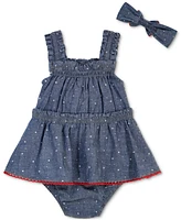 Tommy Hilfiger Baby Girls Cotton Pom-Pom-Trim Printed Chambray Sunsuit & Headband, 2 Piece Set