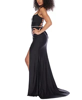 B Darlin Juniors' Rhinestone-Trim Lace-Up-Back Gown