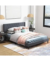 Queen Upholstered Platform Bed with Button Tufted Wingback Headboard