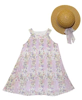 Blueberi Boulevard Baby Girls Lilac Floral Pleated Swing Dress Sun Hat