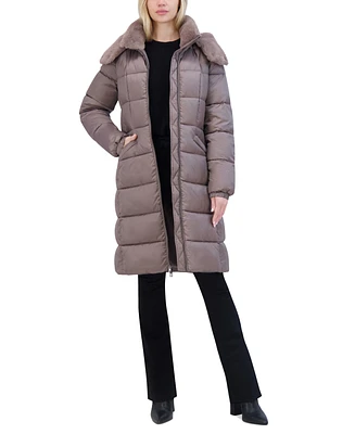Tahari Women's Shine Faux-Fur-Trim Hooded Puffer Coat