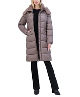 Tahari Women's Shine Faux-Fur-Trim Hooded Puffer Coat