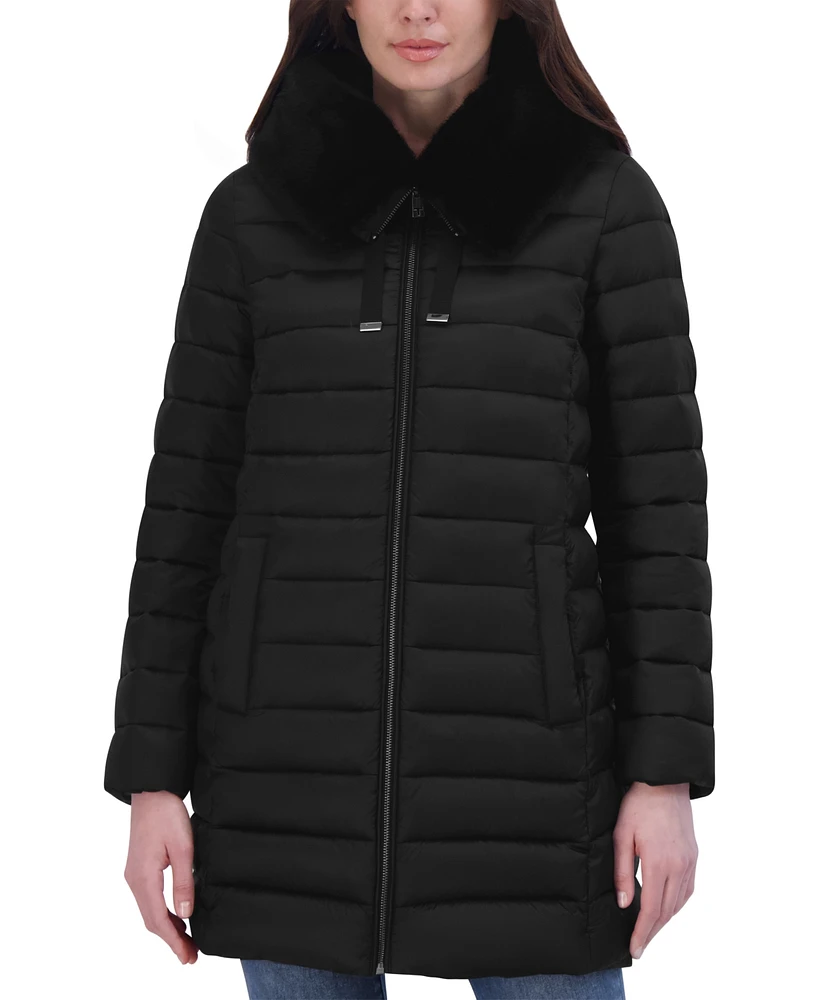 Tahari Women's Faux-Fur-Trim Hooded Packable Shine Puffer Coat