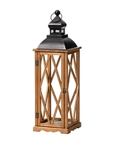 Glitzhome Set of 2 Farmhouse Diamond Wood/ Metal Antique Lanterns, 9"L X 9"W X 28.75"H