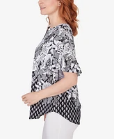 Ruby Rd. Petite Split Neck Tropical Foulard Puff Print Top