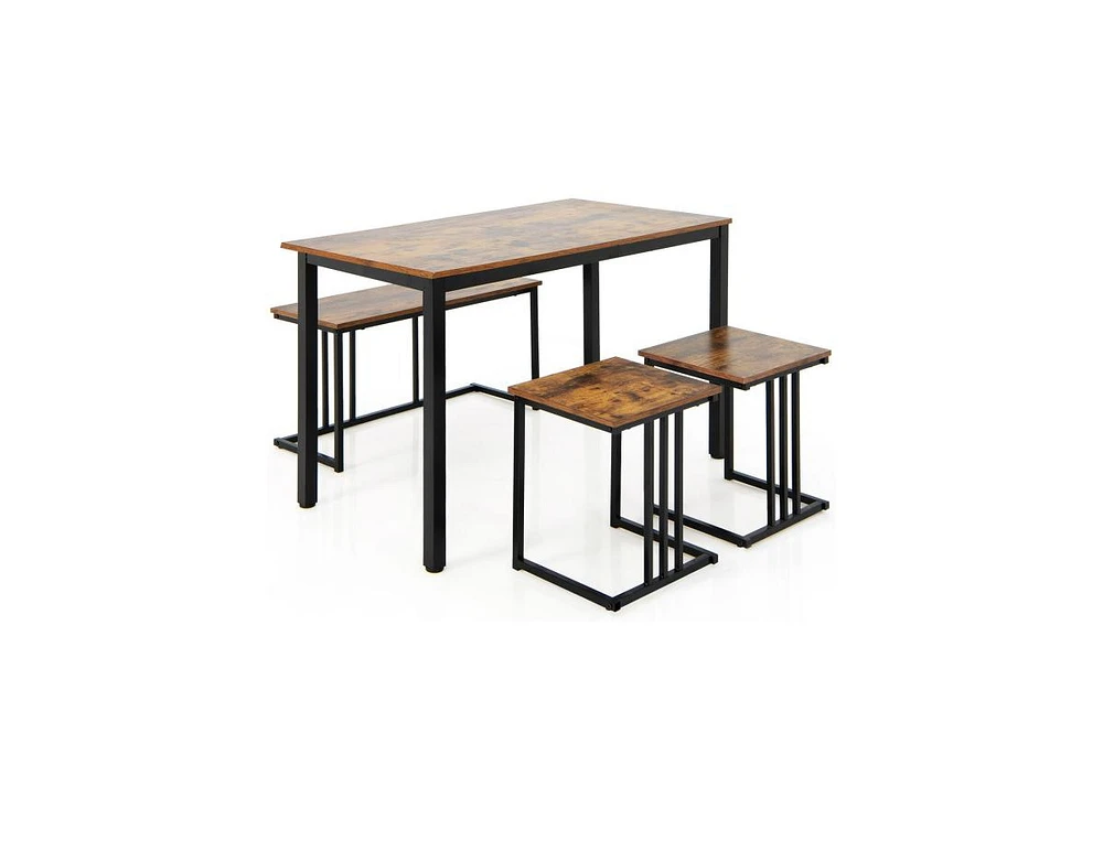 Slickblue 4 Pieces Industrial Dining Table Set with Bench and 2 Stools-Brown