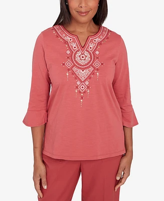 Alfred Dunner Sedona Sky Women's Split Neck Floral Embroidered Top