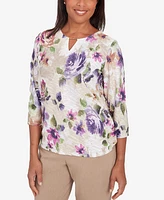 Alfred Dunner Charm School Women's Embellished Keyhole Floral Textured Top